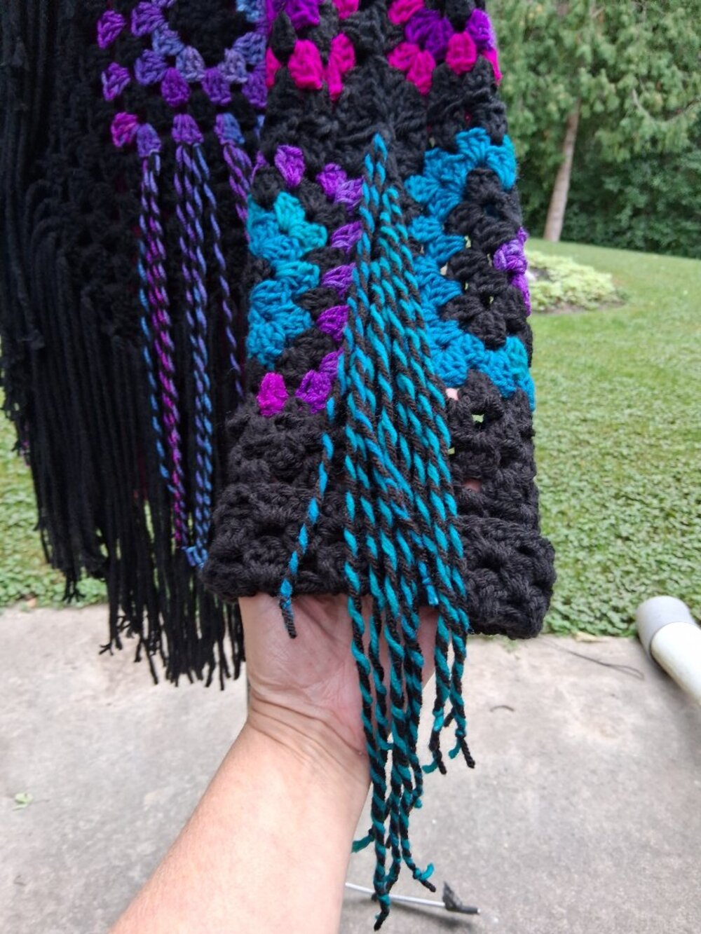 Boho Black Colorful Granny Square Super Fringe Sweater Large - Picture 9 of 13